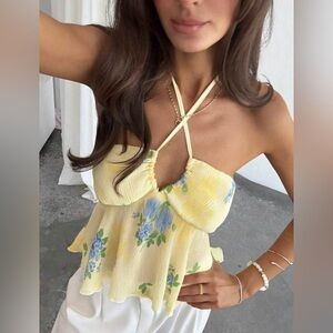 Floral Ruffle Print Tie Halter Crop Top, Beach Resort Style NWOT